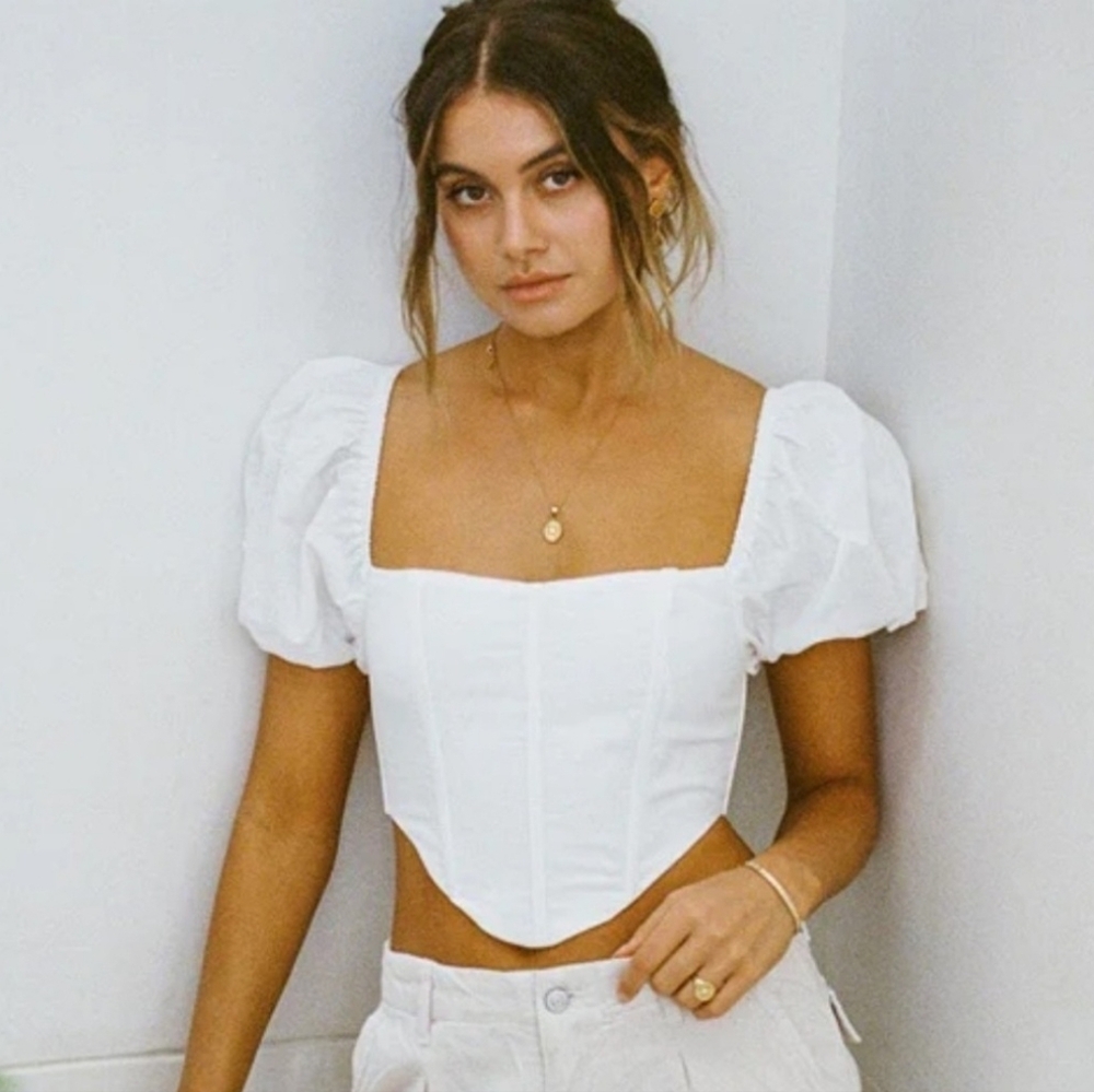 Abercrombie & Fitch White Puff Sleeve Corset Top Smocked Back
